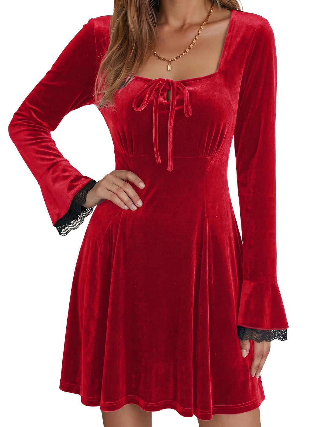 Dokotoo Womens Fall Dresses Lace Long Sleeve Velvet Dress
