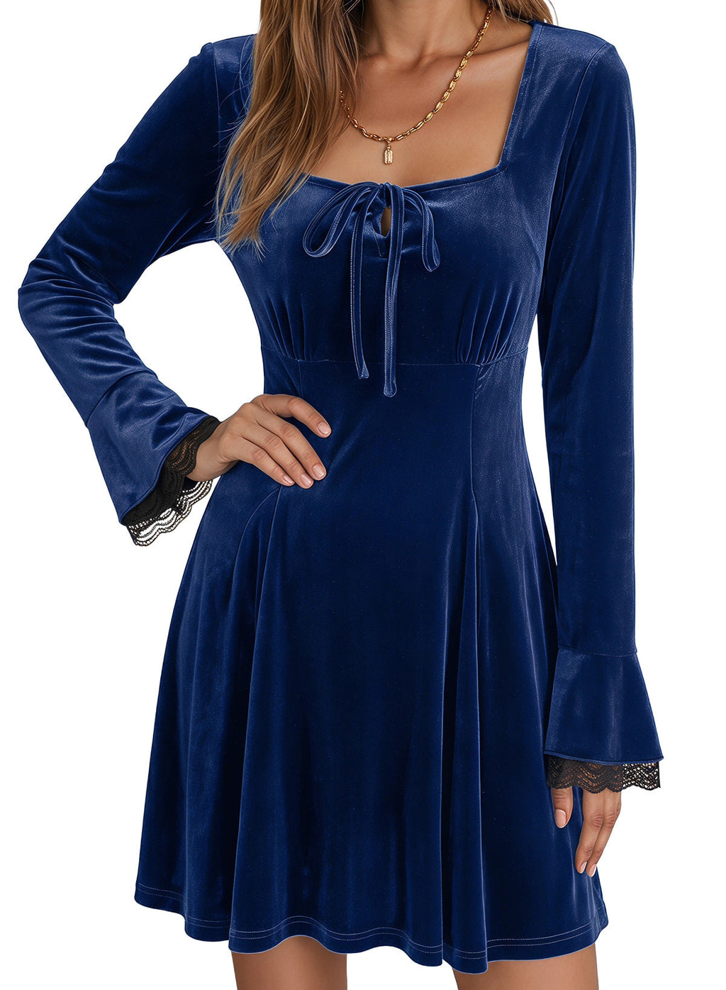 Dokotoo Womens Fall Dresses Lace Long Sleeve Velvet Dress
