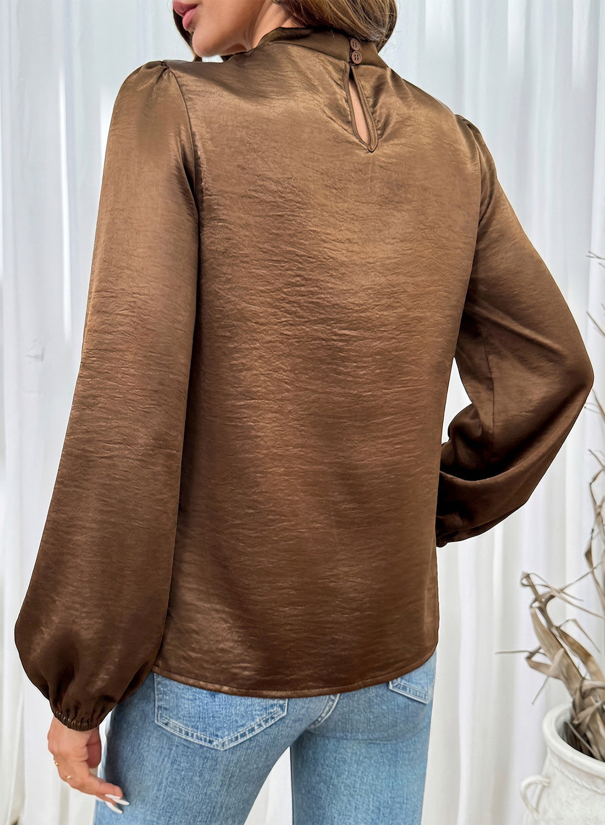 Women's Long Sleeve Satin Blouse,Mock Neck Work Silk Shirts,Dressy Tops for Business Casual Office