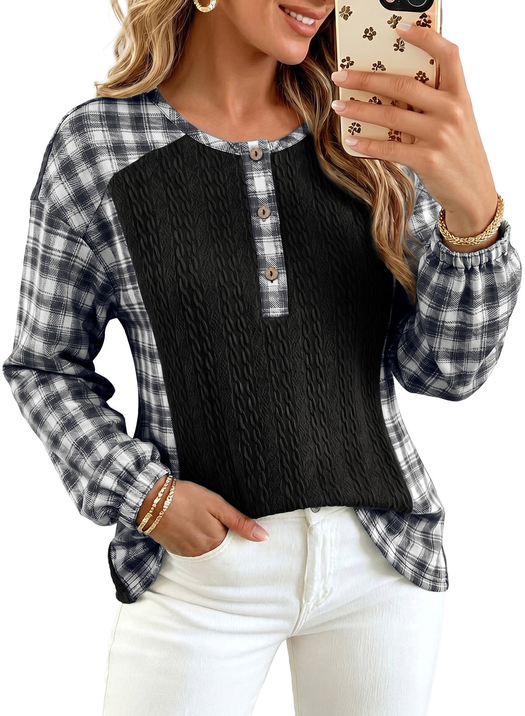 Dokotoo Long Sleeve Button Shirts for Women Trendy Loose Plaid Tunic Tops