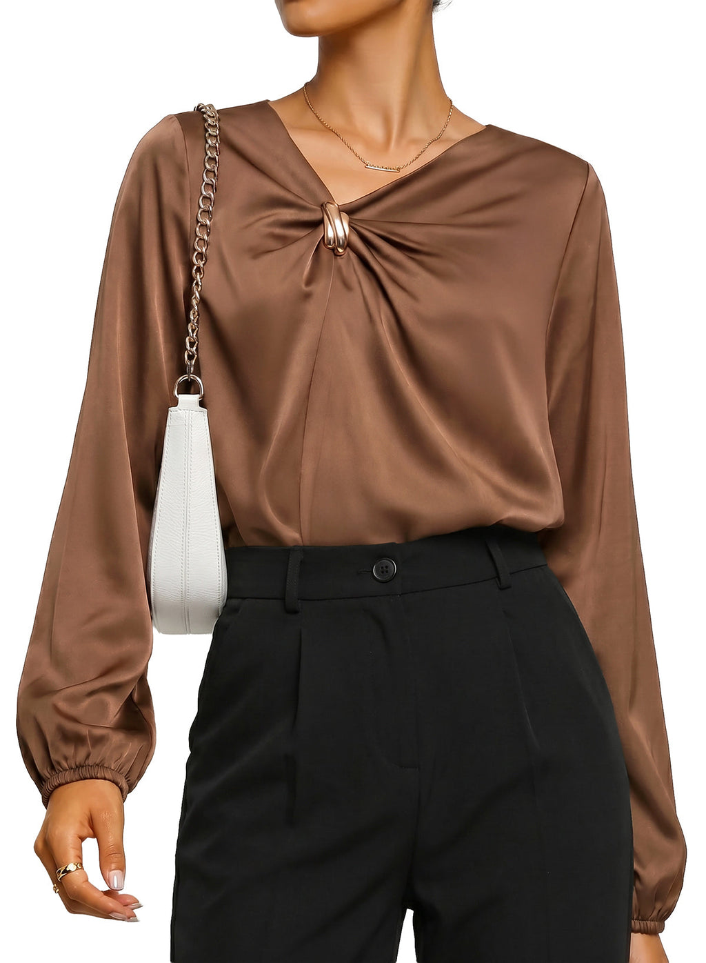 Dokotoo Womens Shirts Long Sleeve Dressy Casual V Neck Satin Top