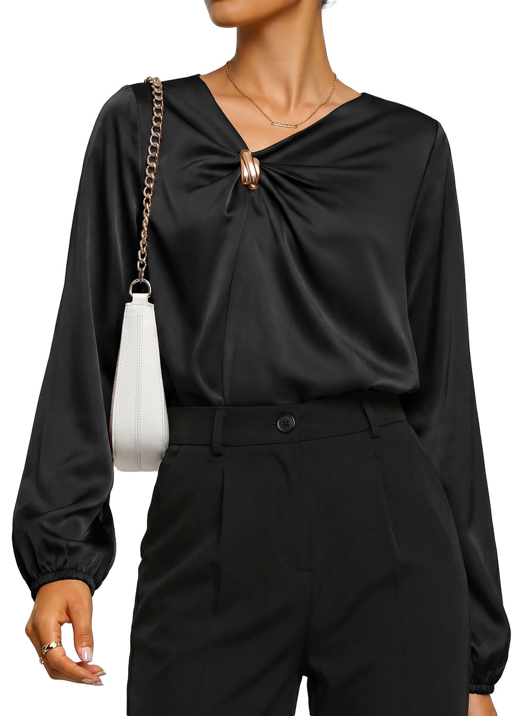 Dokotoo Womens Shirts Long Sleeve Dressy Casual V Neck Satin Top