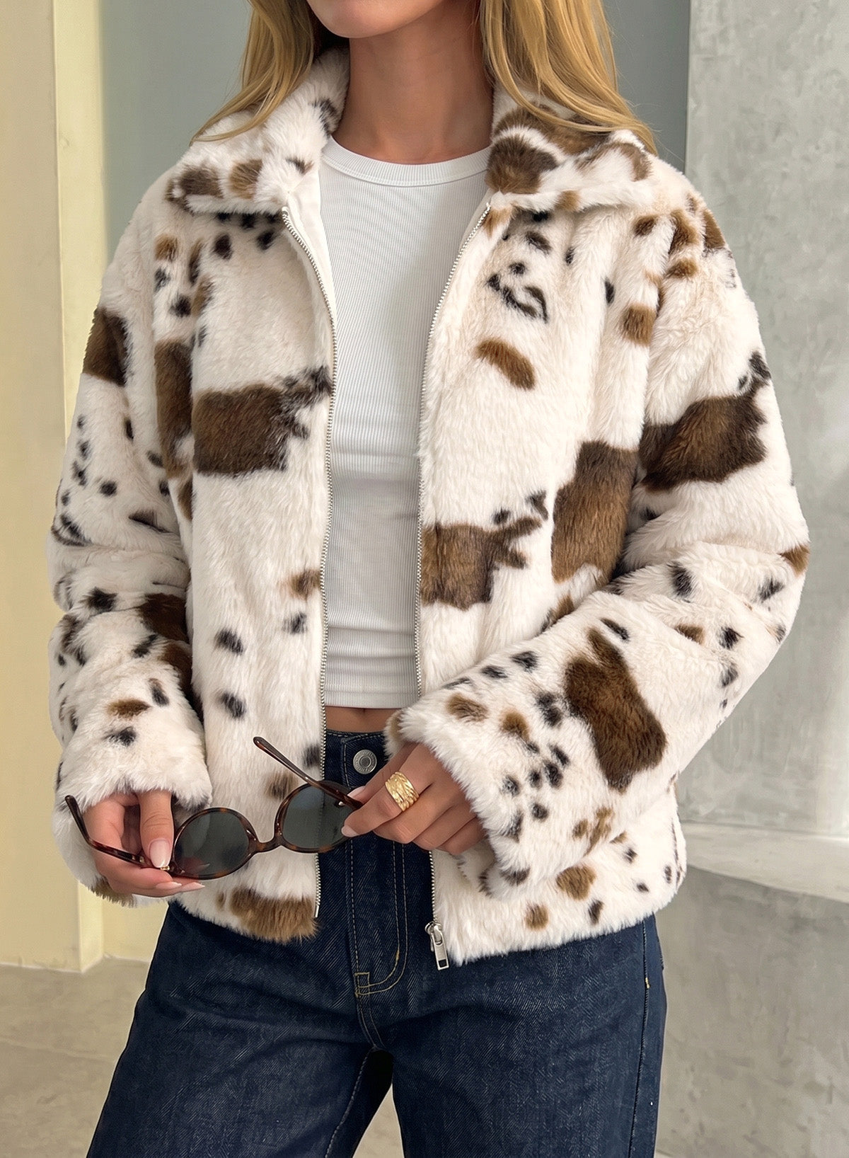 Dokotoo Winter Fleece Jacket for Women Zip Up Cow Print Coats 2026
