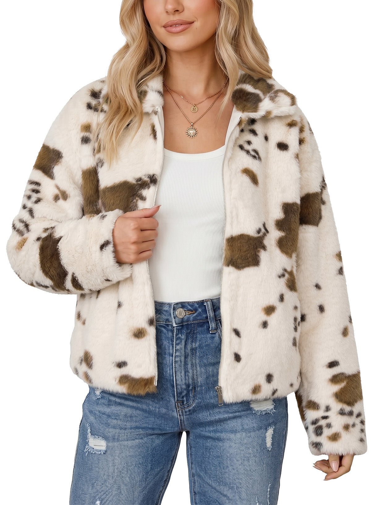 Dokotoo Winter Fleece Jacket for Women Zip Up Cow Print Coats 2026