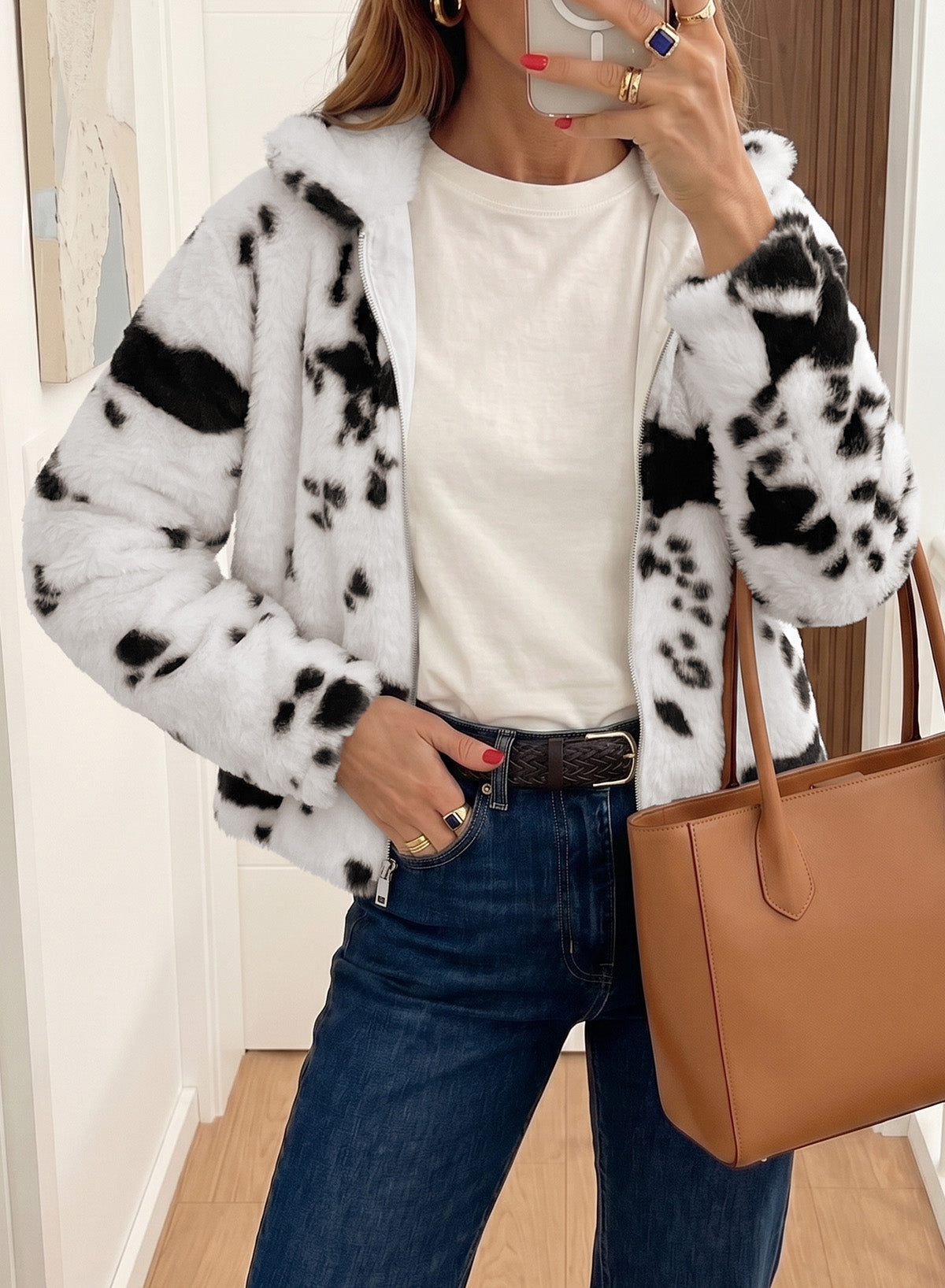 Dokotoo Winter Fleece Jacket for Women Zip Up Cow Print Coats 2026