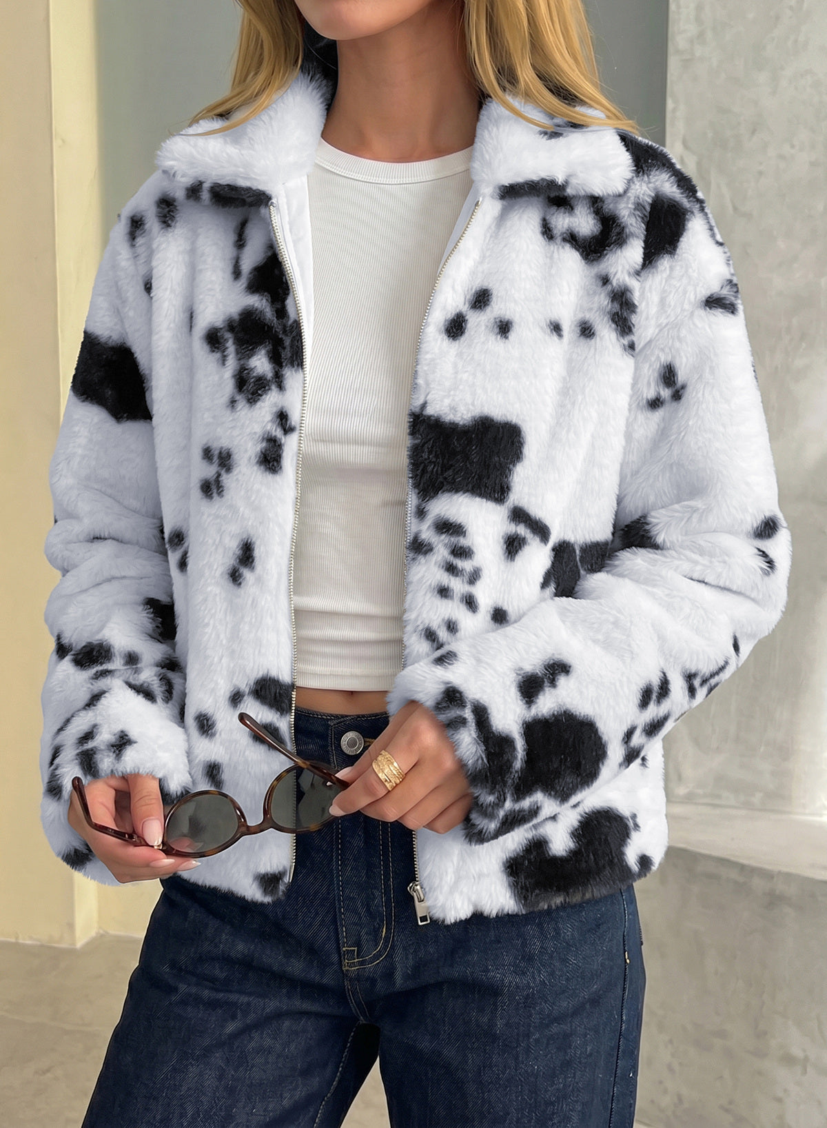 Dokotoo Winter Fleece Jacket for Women Zip Up Cow Print Coats 2026