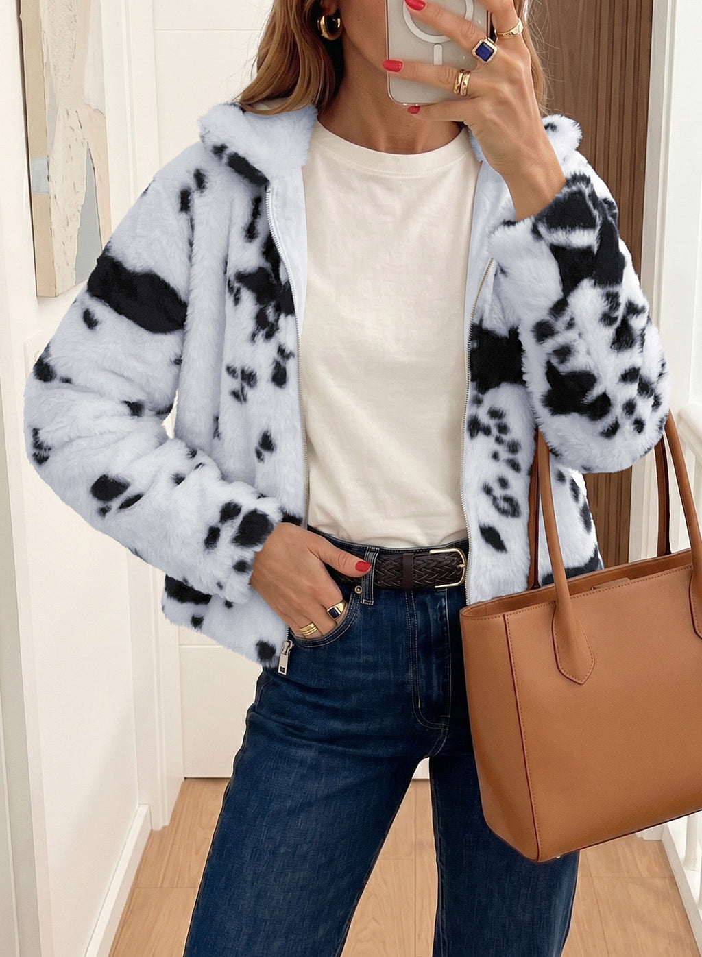 Dokotoo Winter Fleece Jacket for Women Zip Up Cow Print Coats 2026