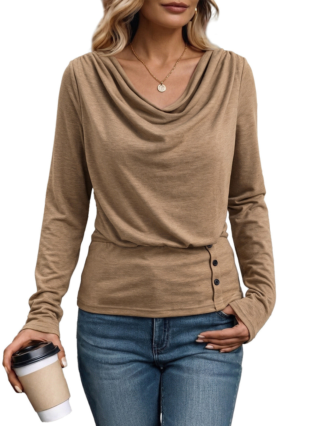 Women's Cowl Neck Long Sleeve Shirts Dressy Tops