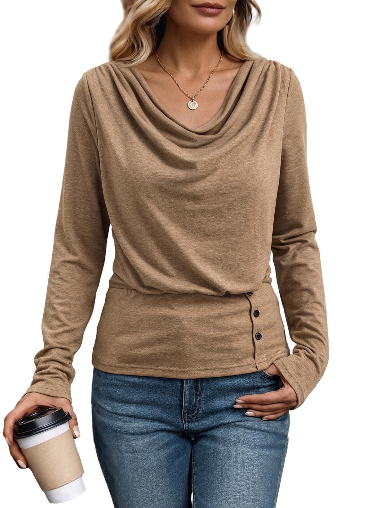 Women's Cowl Neck Long Sleeve Shirts Dressy Tops