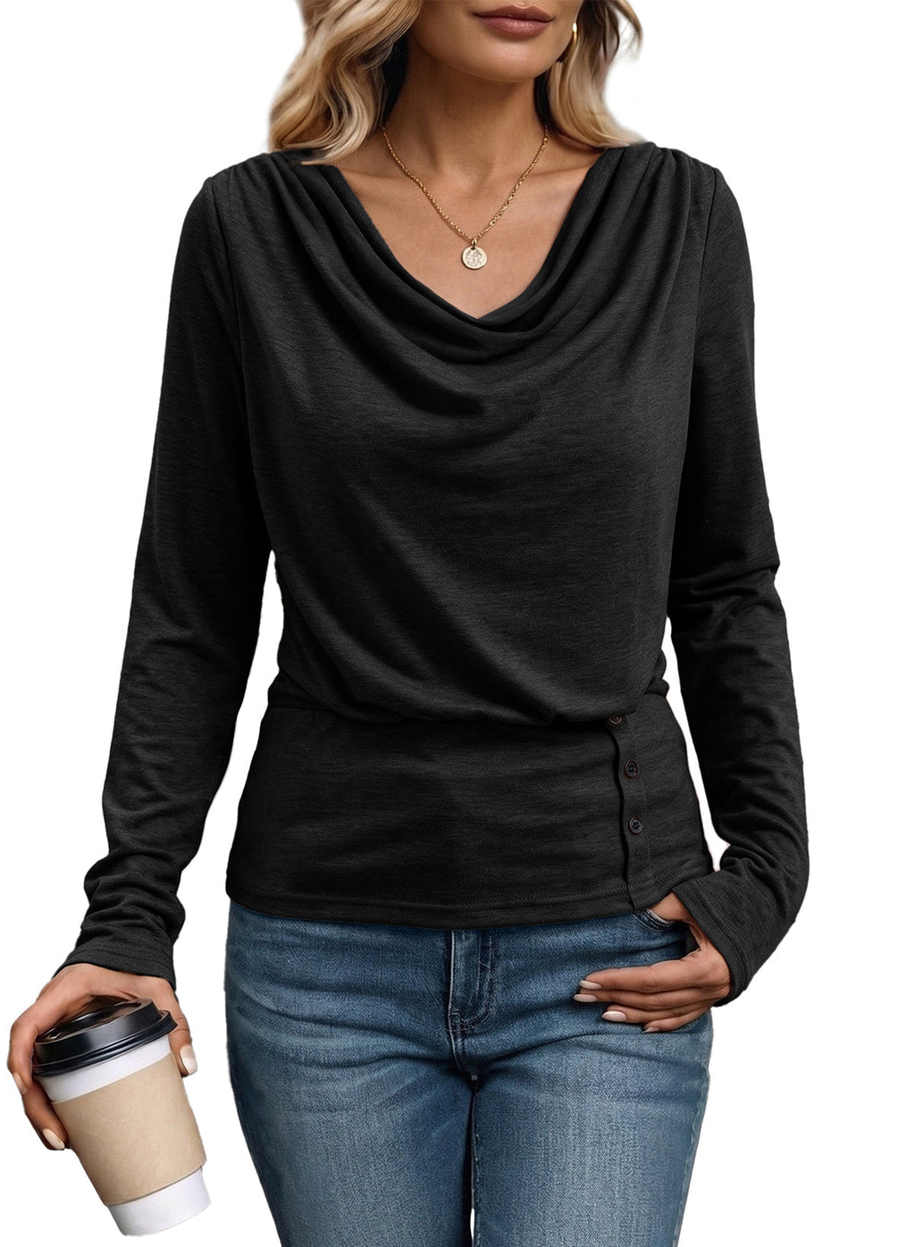 Women's Cowl Neck Long Sleeve Shirts Dressy Tops