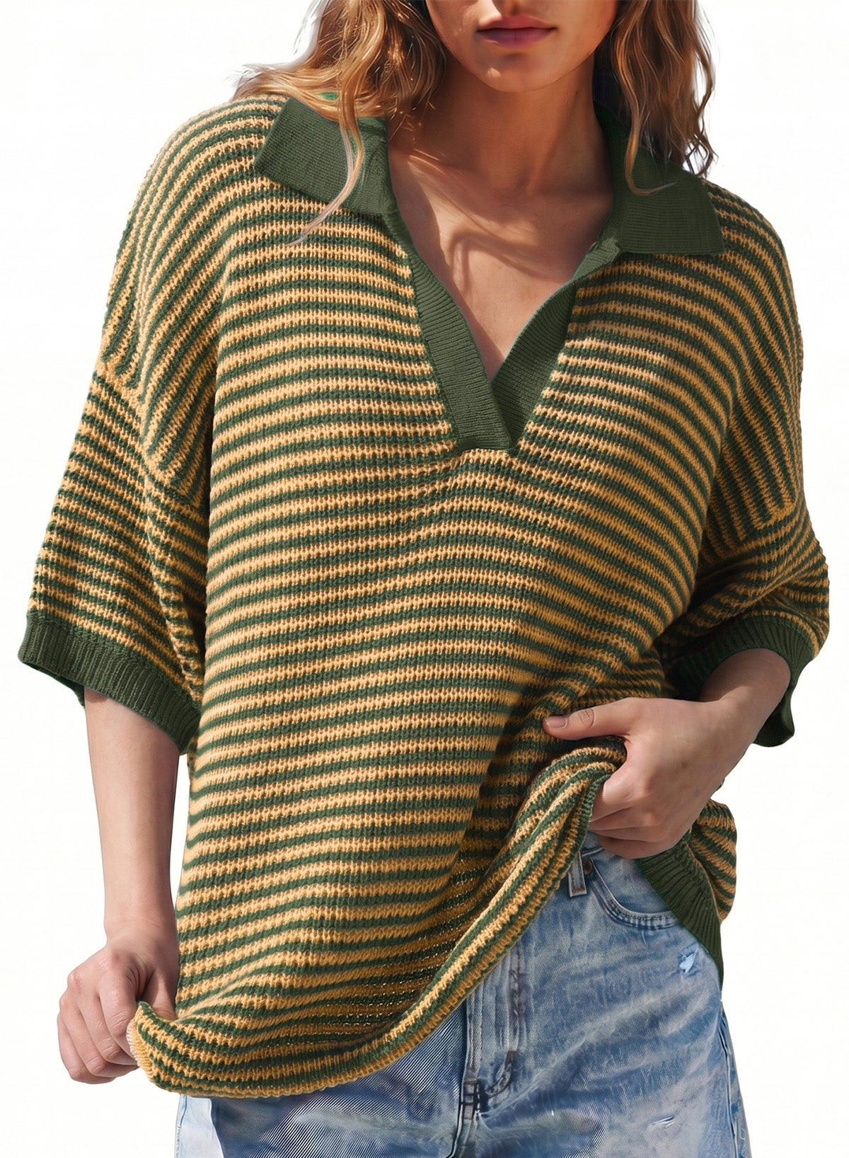 Collared Neck Contrast Striped Top and Shorts Sweater Set