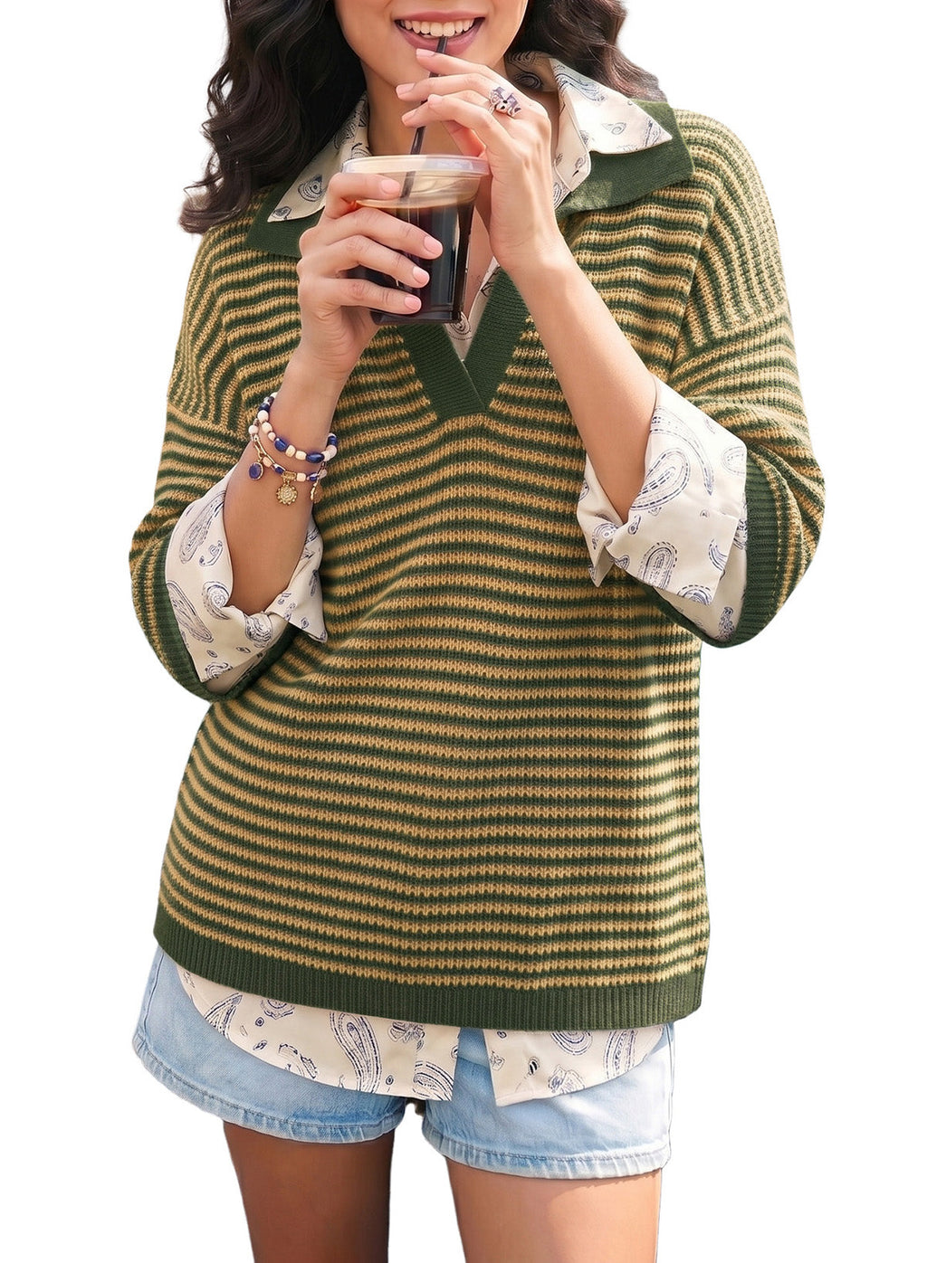 Collared Neck Contrast Striped Top and Shorts Sweater Set