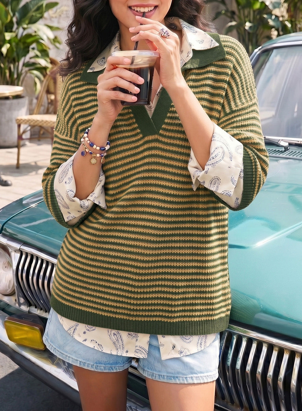 Collared Neck Contrast Striped Top and Shorts Sweater Set