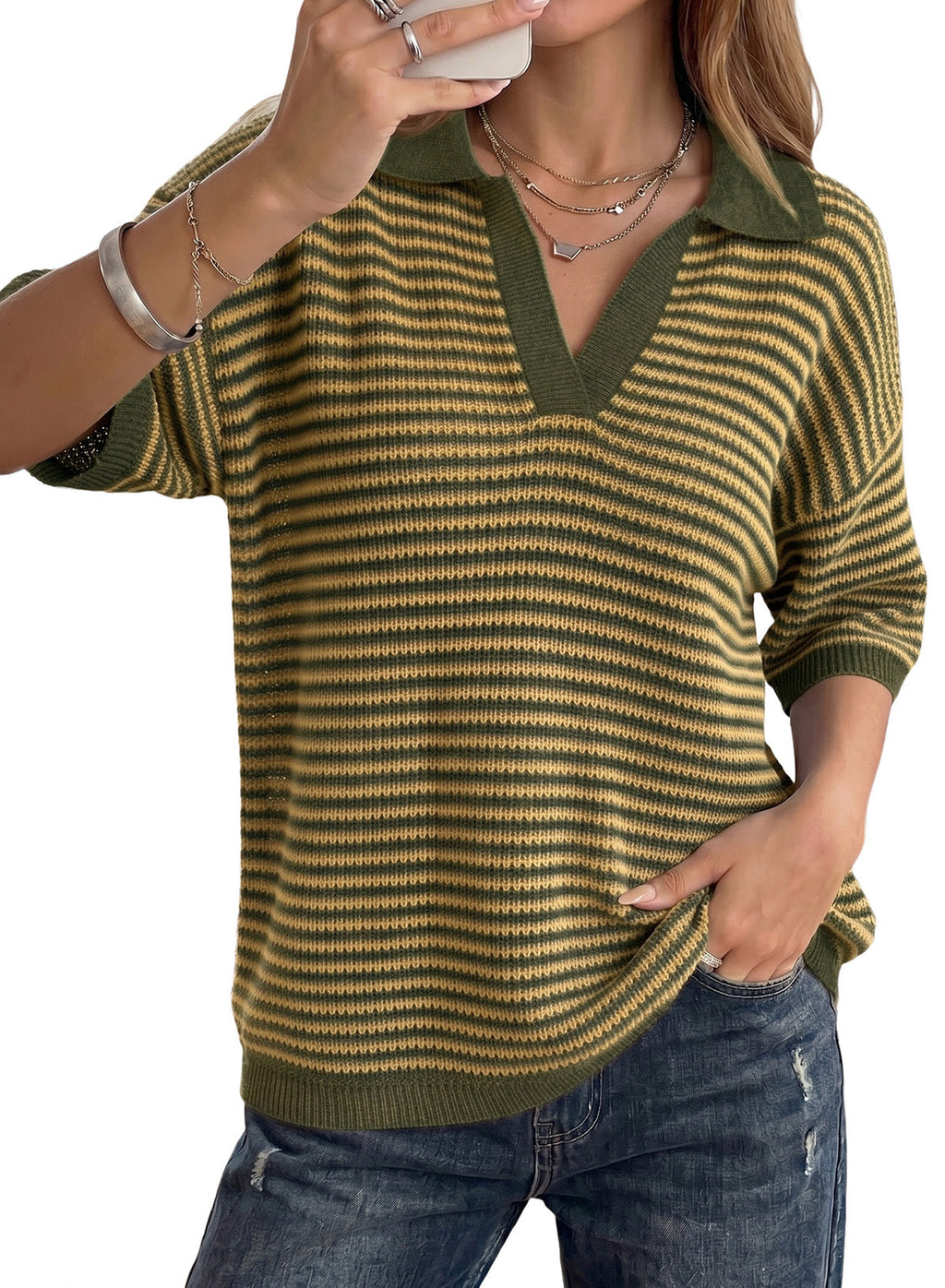 Collared Neck Contrast Striped Top and Shorts Sweater Set