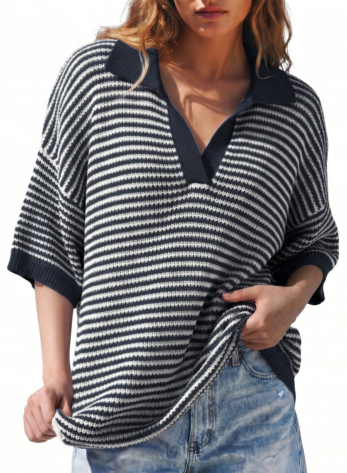 Collared Neck Contrast Striped Top and Shorts Sweater Set