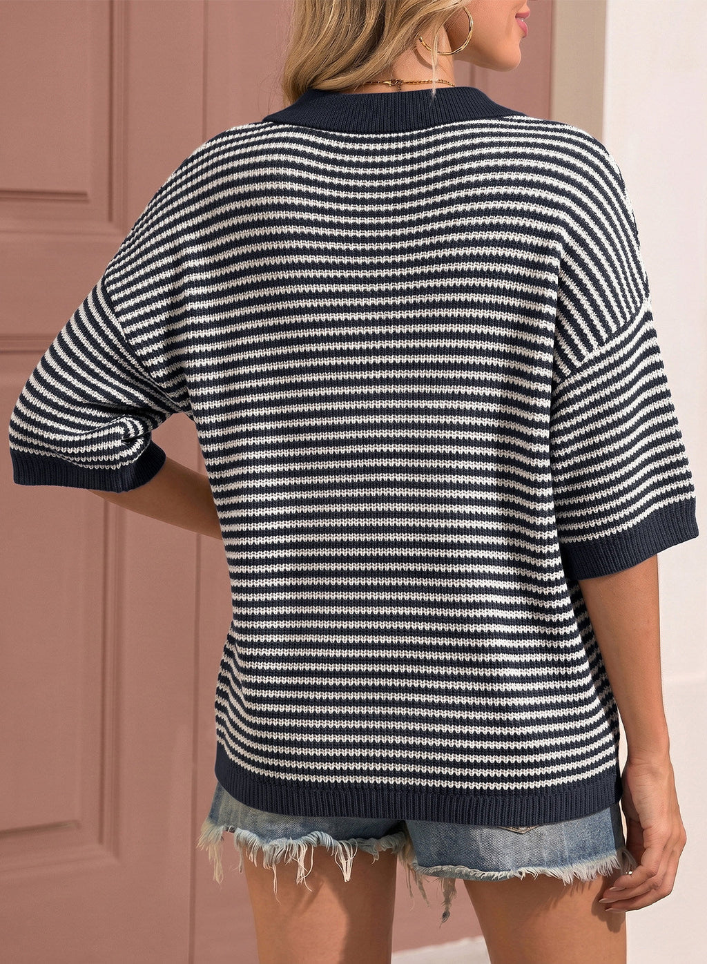Collared Neck Contrast Striped Top and Shorts Sweater Set