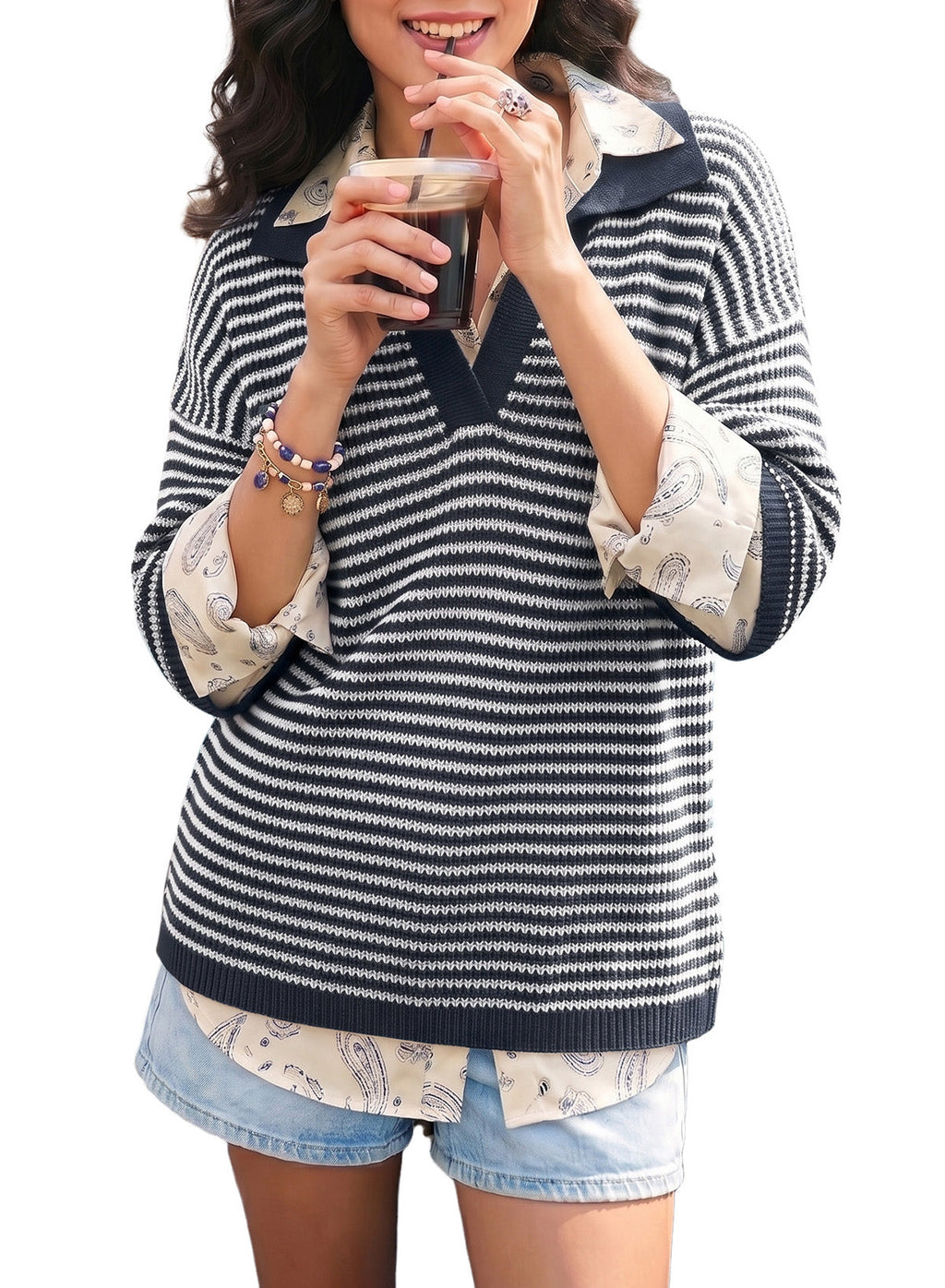 Collared Neck Contrast Striped Top and Shorts Sweater Set