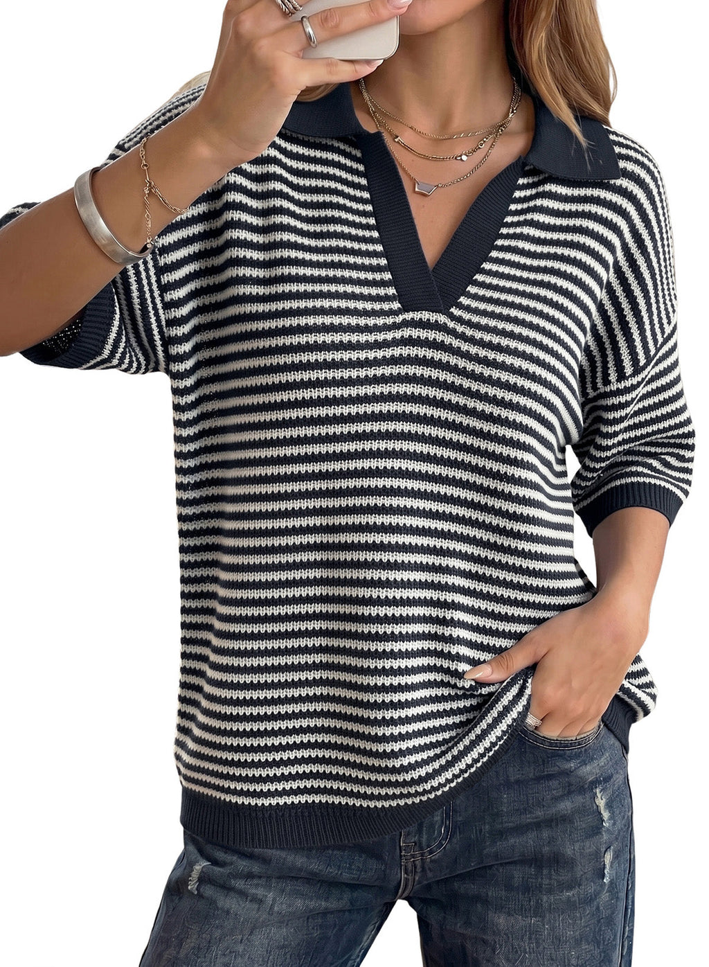 Collared Neck Contrast Striped Top and Shorts Sweater Set