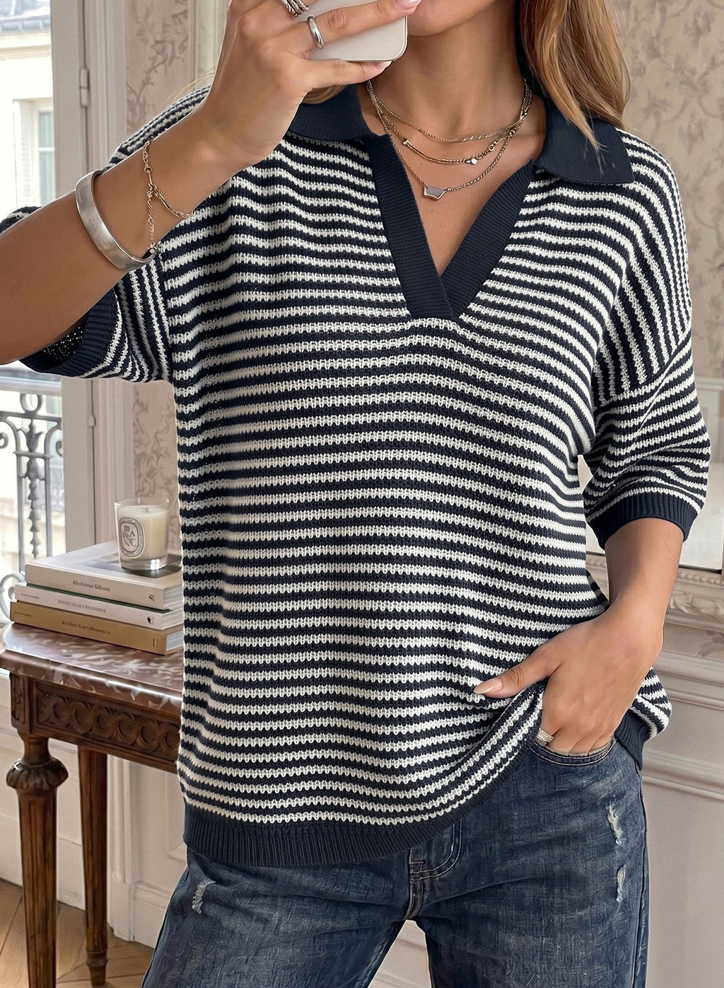 Collared Neck Contrast Striped Top and Shorts Sweater Set