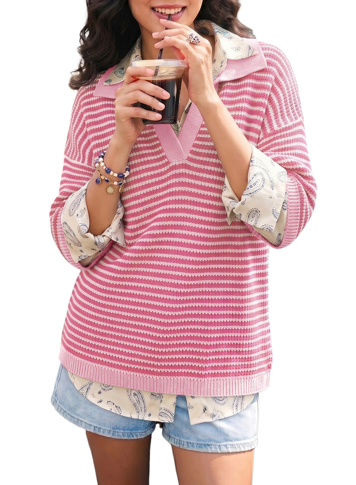Collared Neck Contrast Striped Top and Shorts Sweater Set