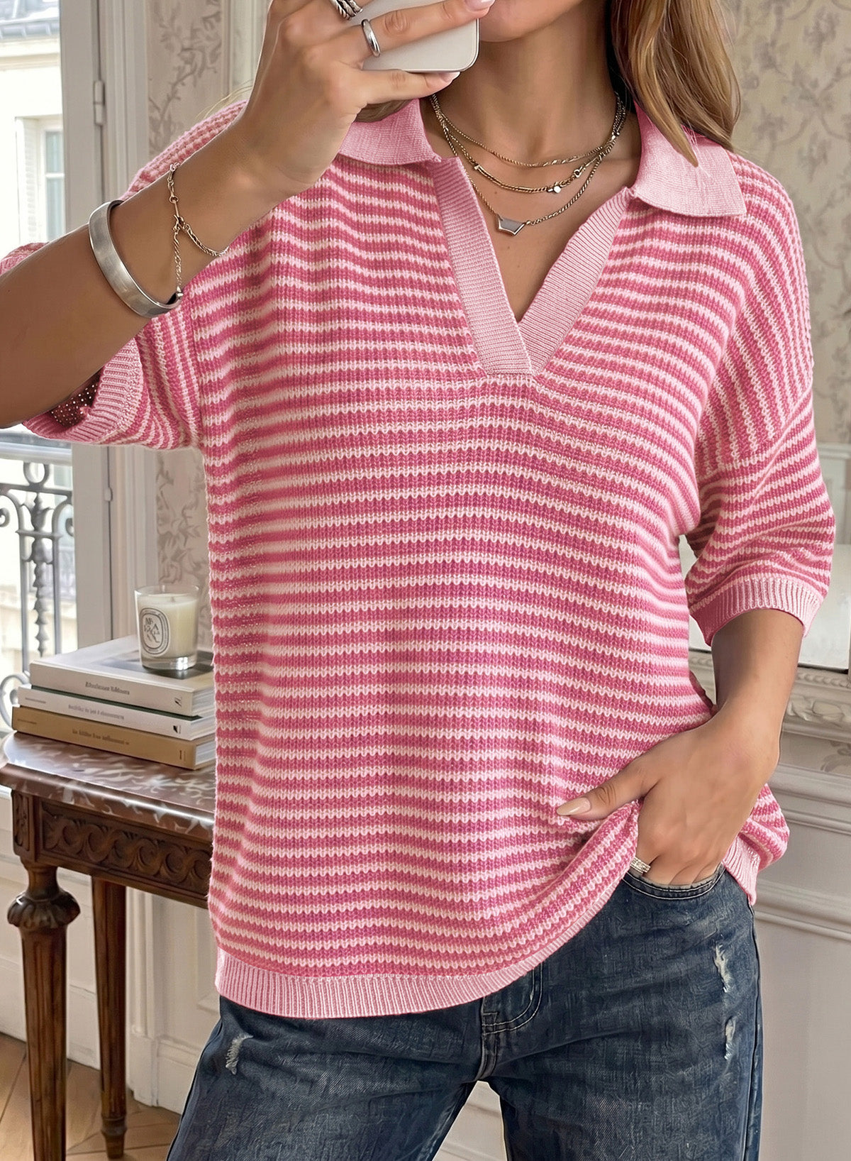 Collared Neck Contrast Striped Top and Shorts Sweater Set