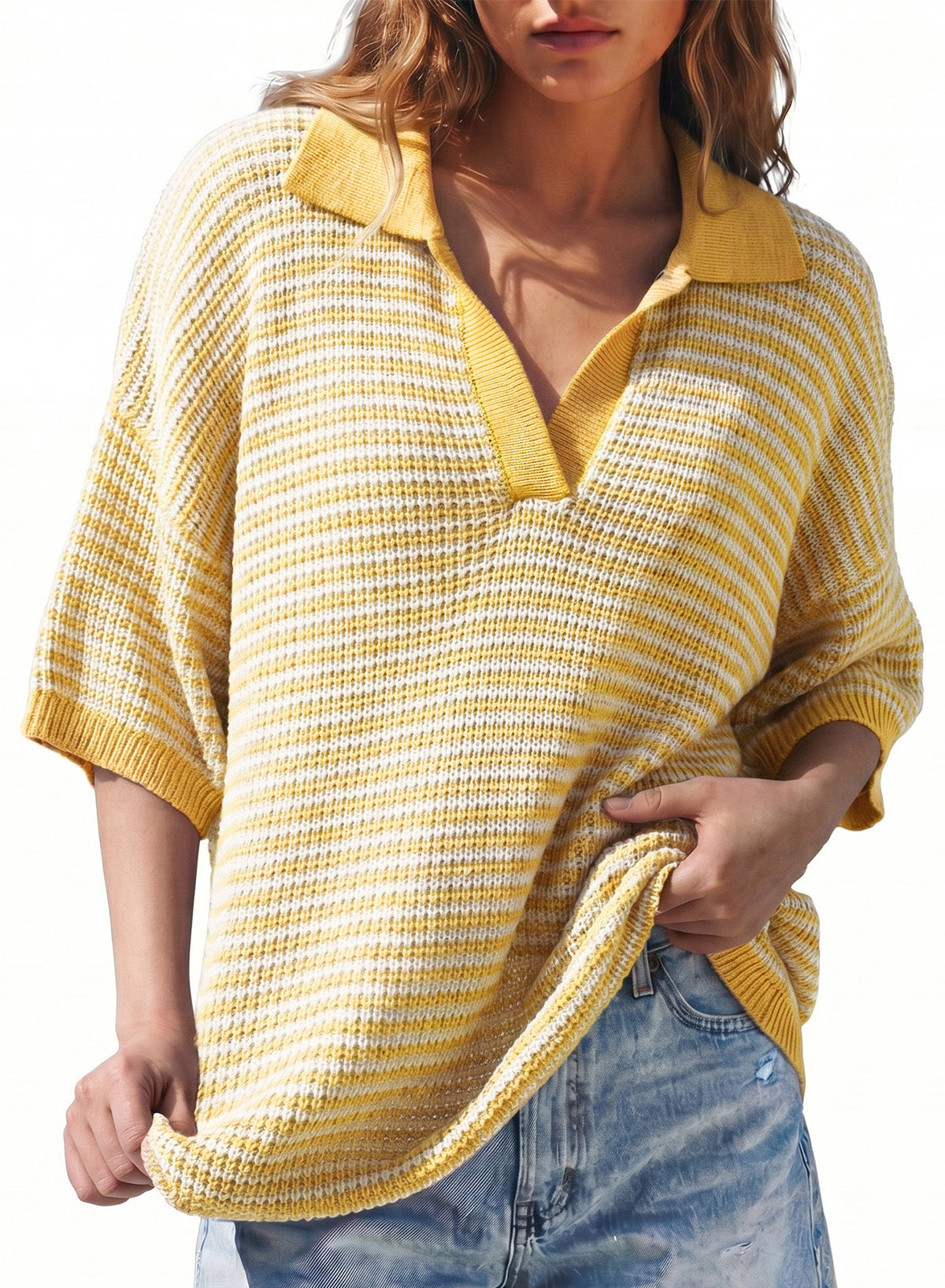 Collared Neck Contrast Striped Top and Shorts Sweater Set
