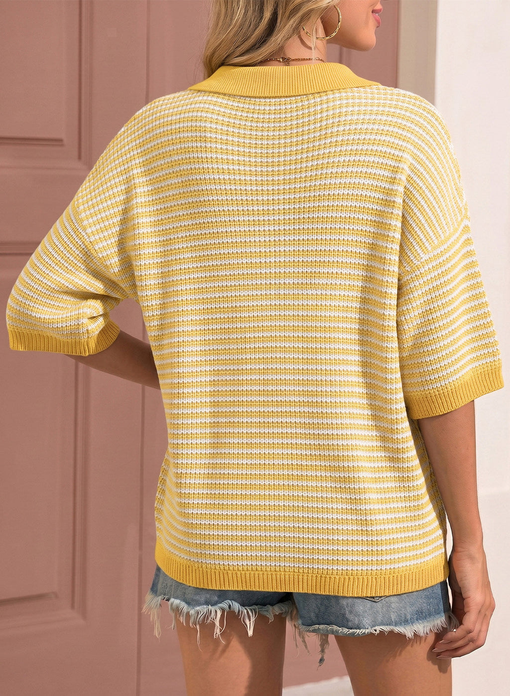Collared Neck Contrast Striped Top and Shorts Sweater Set