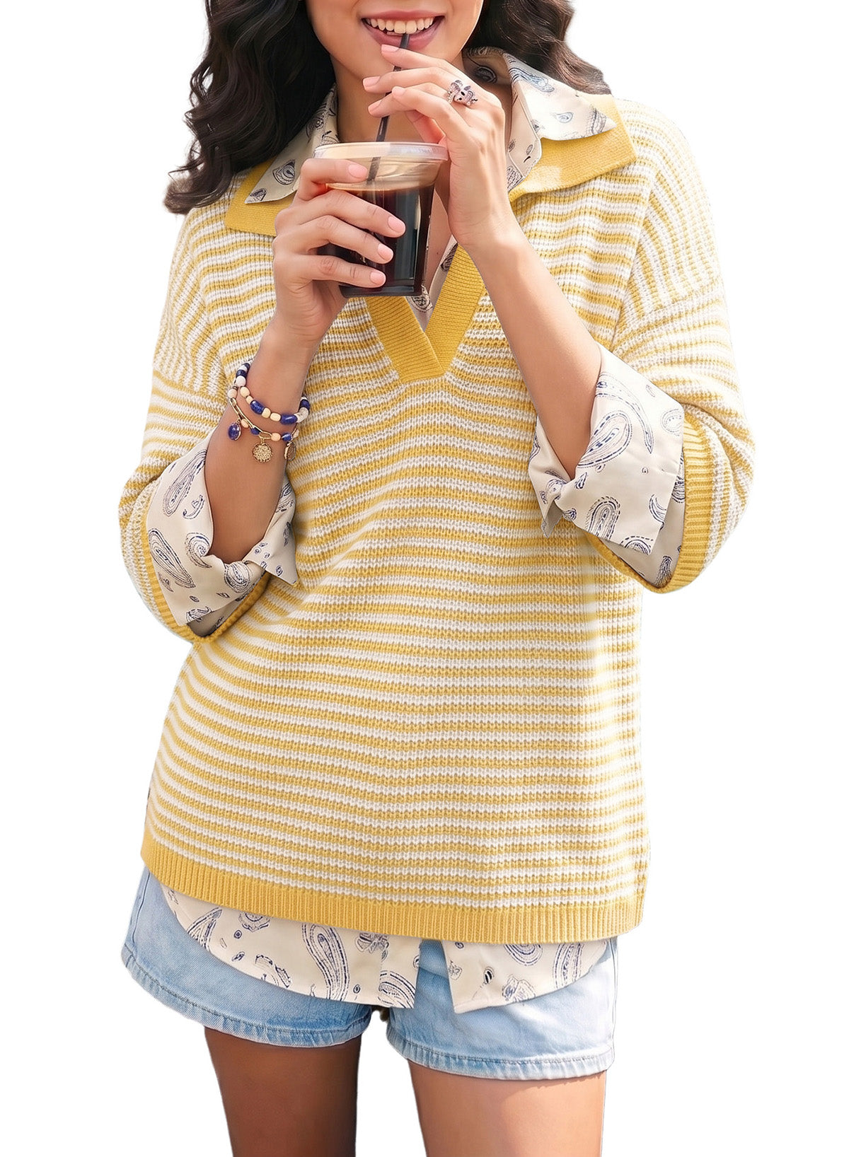Collared Neck Contrast Striped Top and Shorts Sweater Set