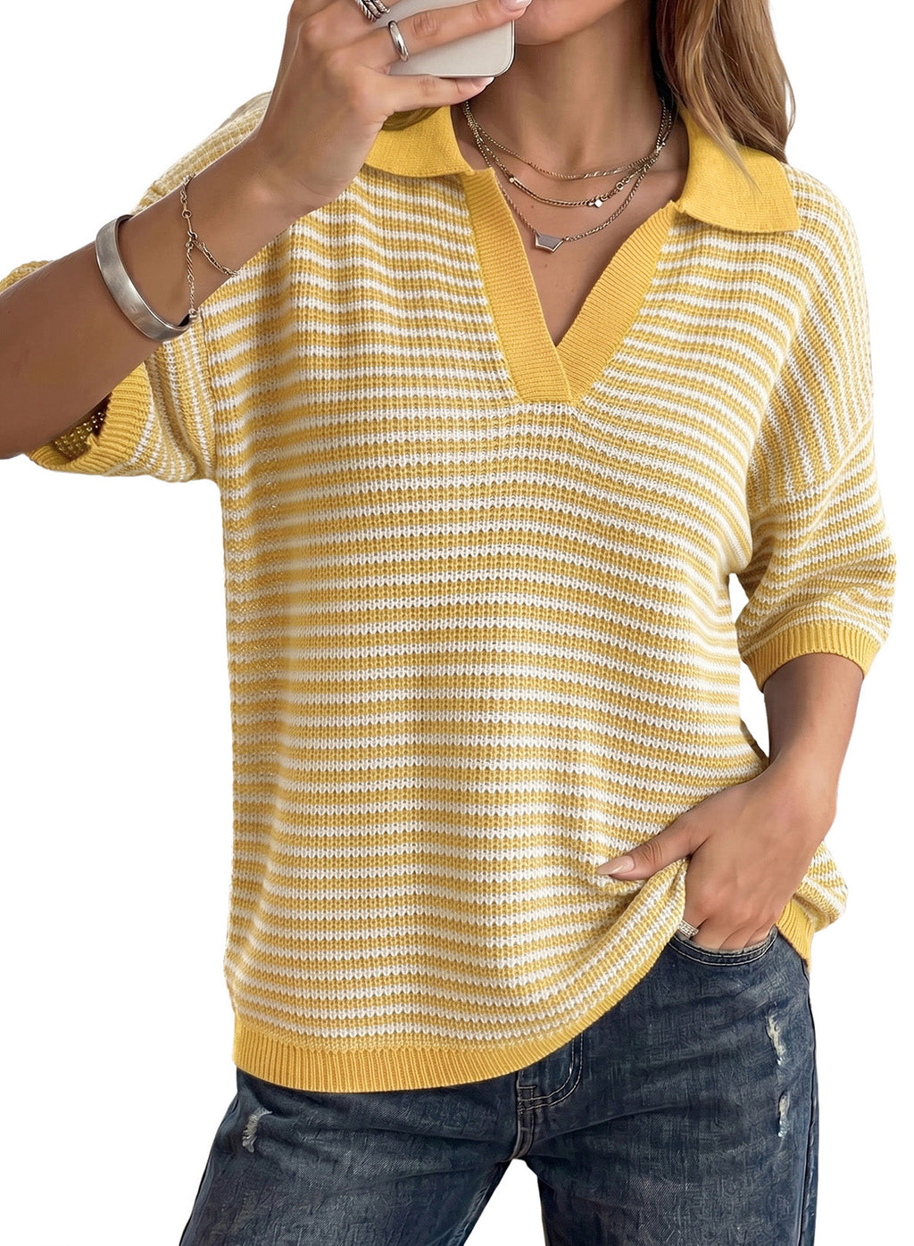 Collared Neck Contrast Striped Top and Shorts Sweater Set