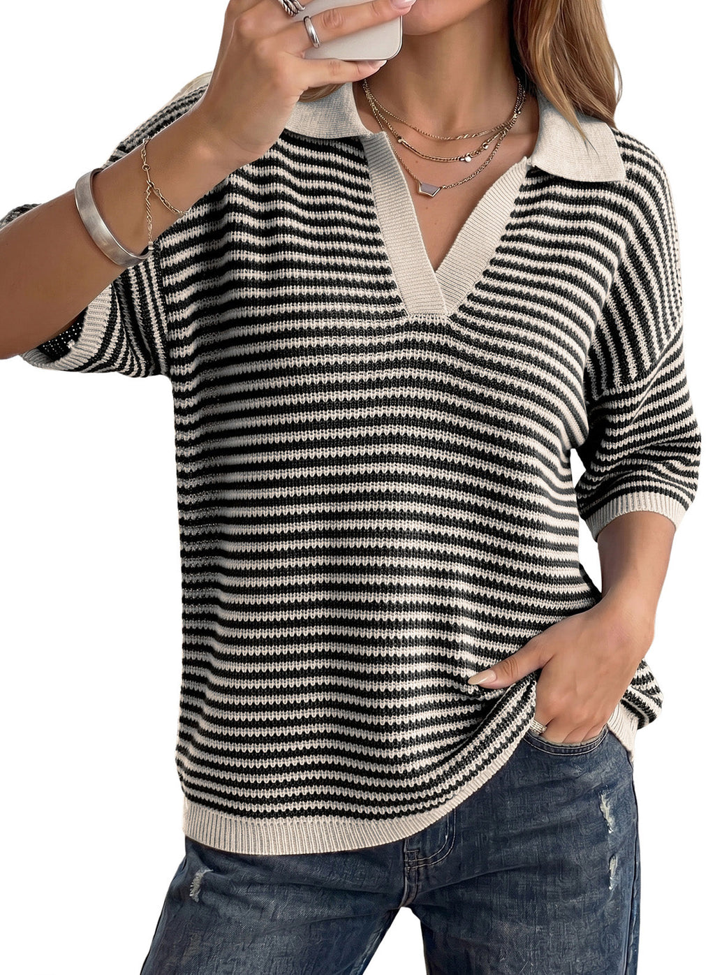 Collared Neck Contrast Striped Top and Shorts Sweater Set