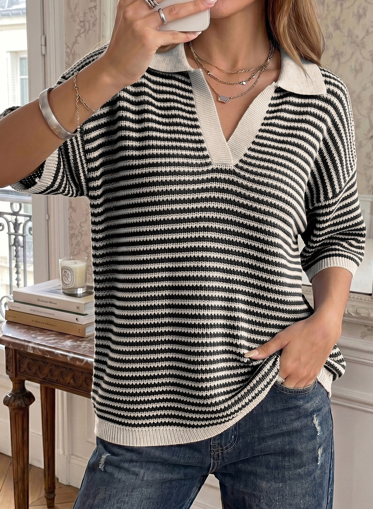 Collared Neck Contrast Striped Top and Shorts Sweater Set