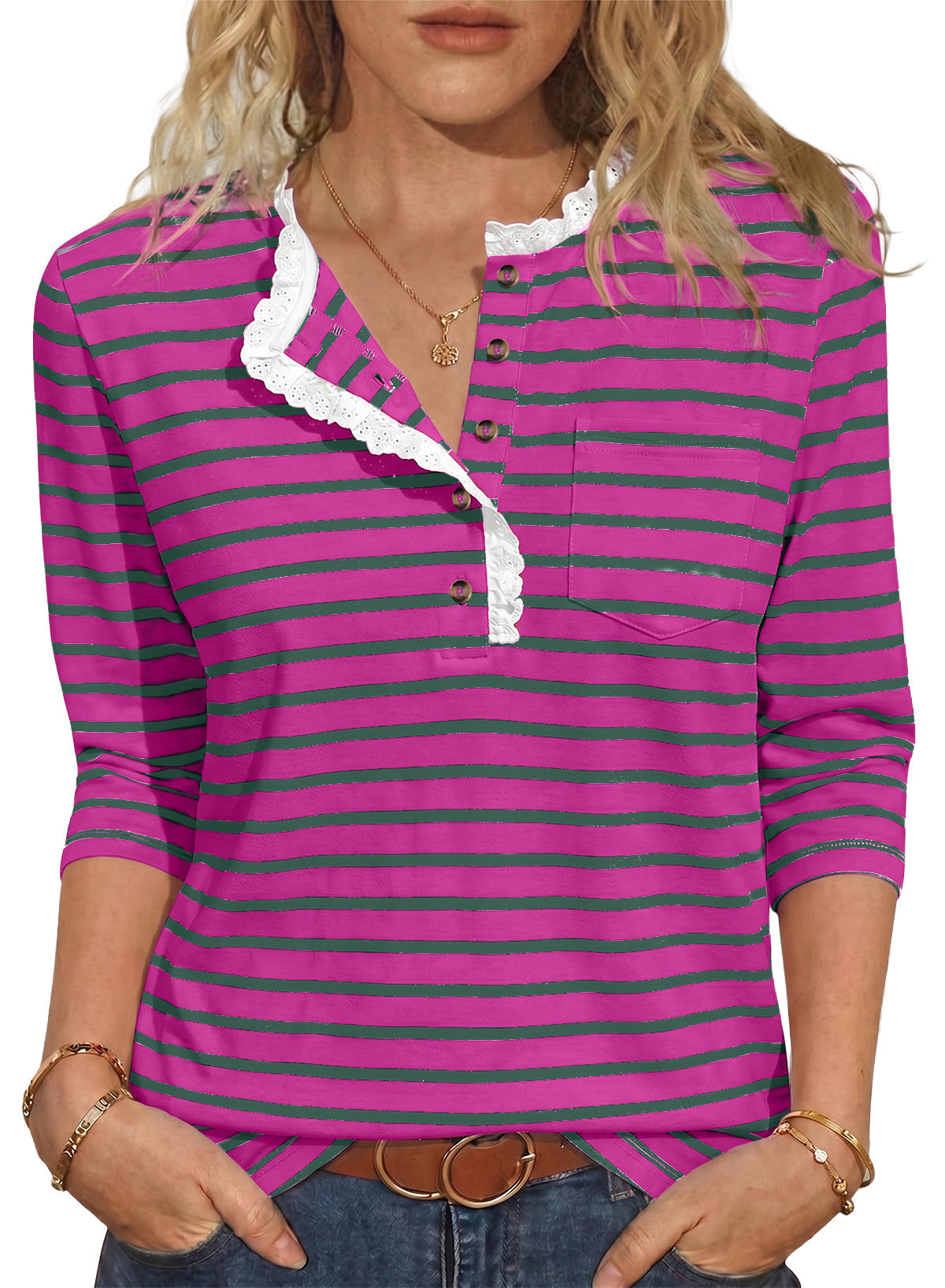 Womens Tops 3/4 Length Sleeve V Neck Loose Casual T Shirts