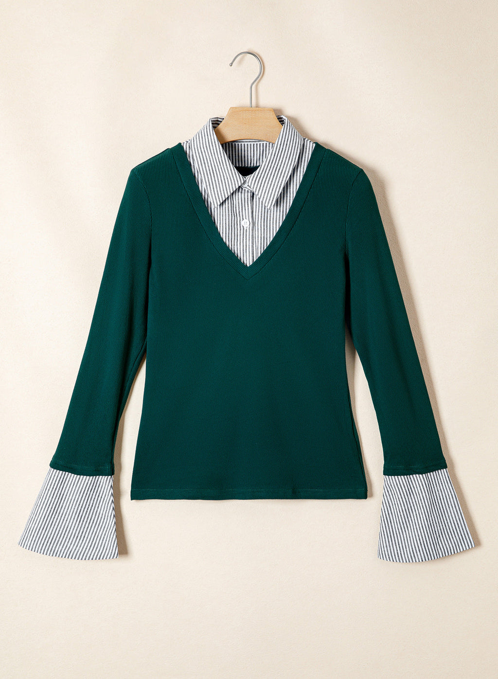 Dokotoo Womens Long Sleeve Polo Shirts Striped Collar Ribbed Knit Fit Tops