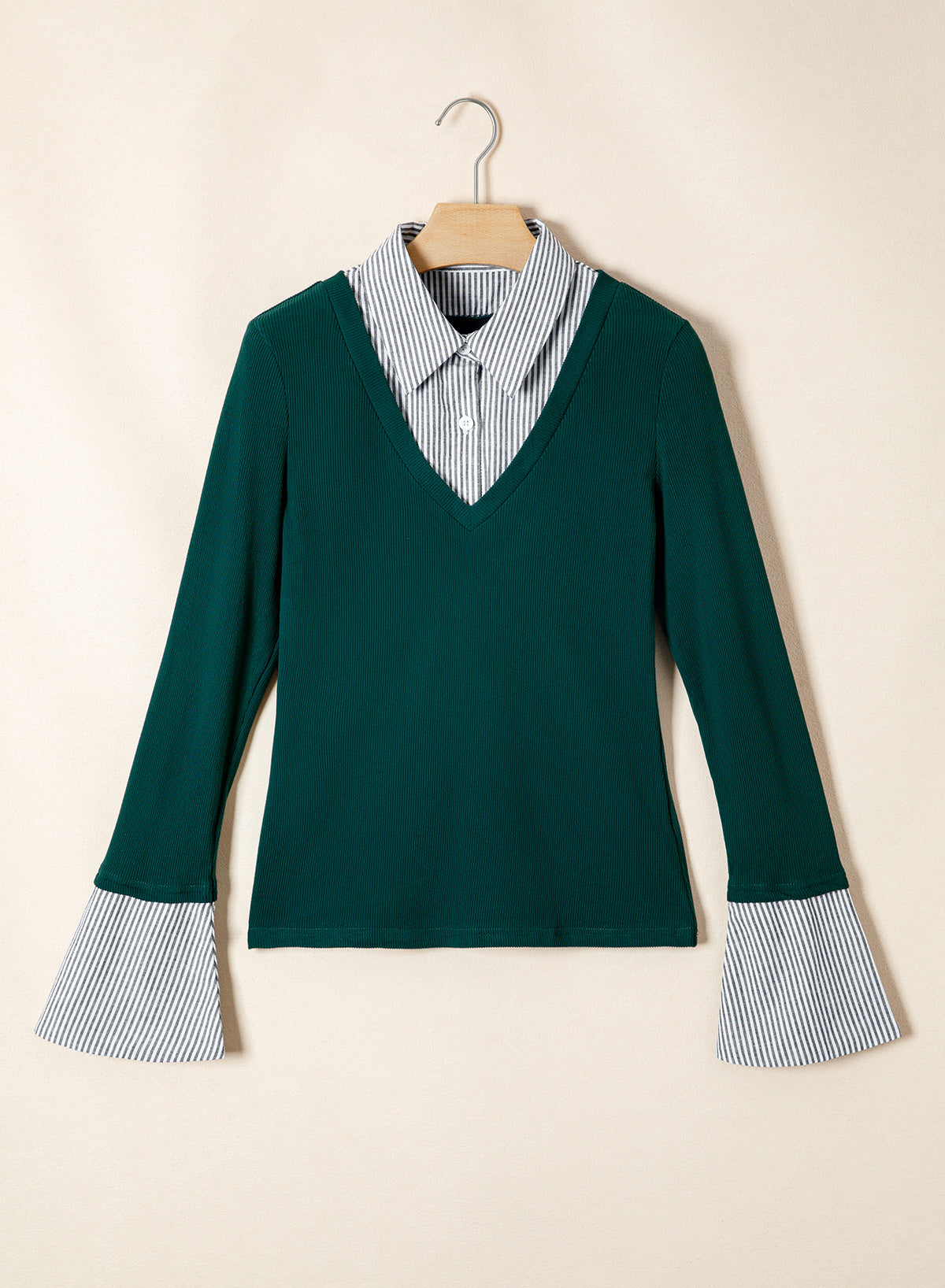 Dokotoo Womens Long Sleeve Polo Shirts Striped Collar Ribbed Knit Fit Tops
