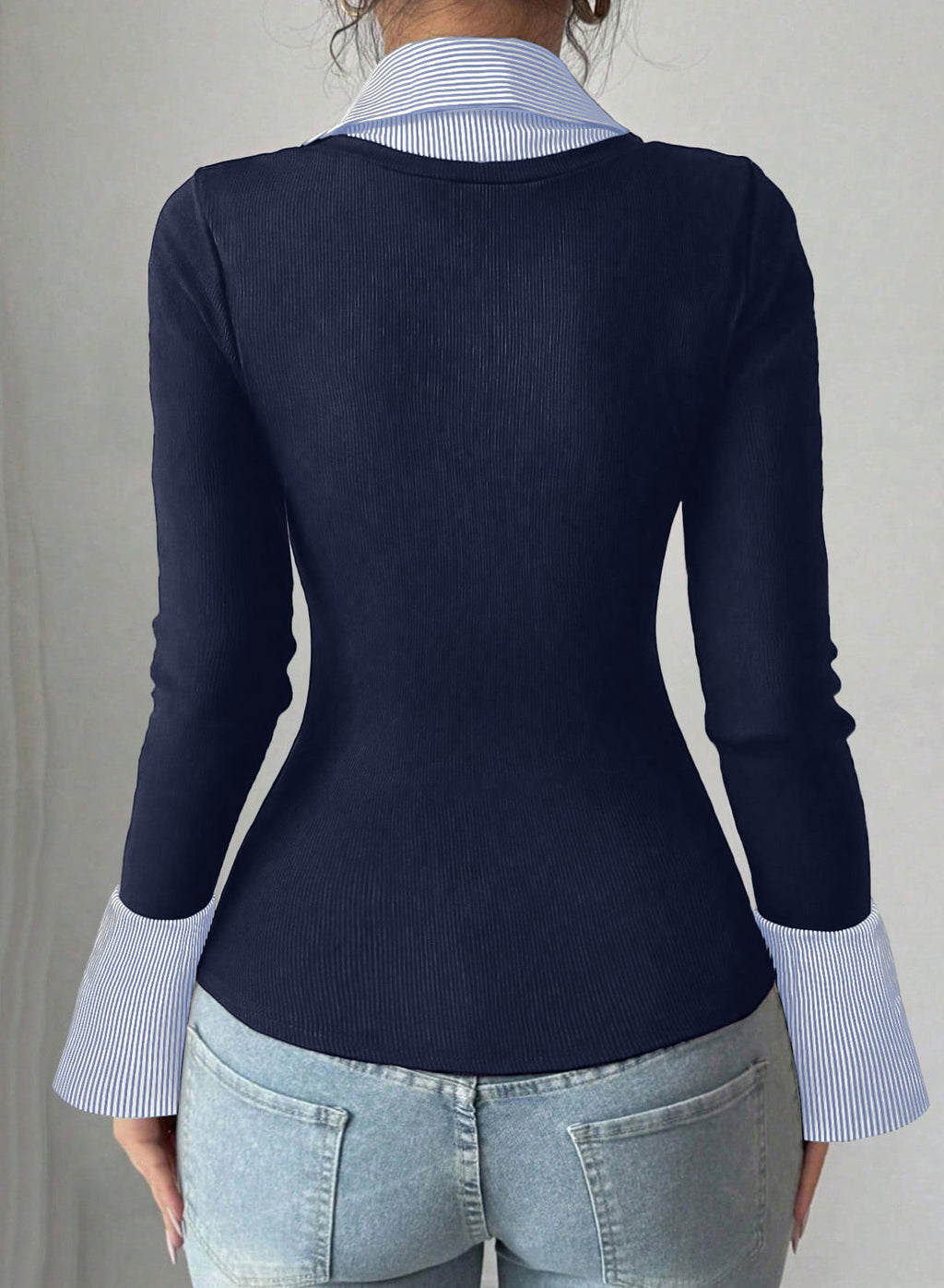 Dokotoo Womens Long Sleeve Polo Shirts Striped Collar Ribbed Knit Fit Tops
