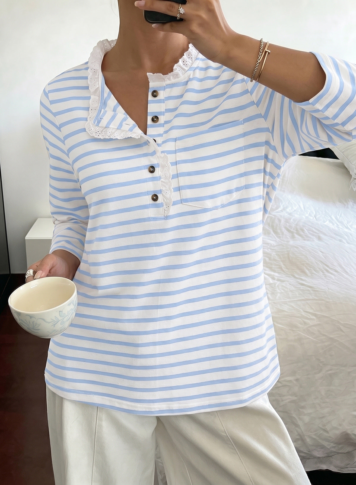 Womens Tops 3/4 Length Sleeve V Neck Loose Casual T Shirts