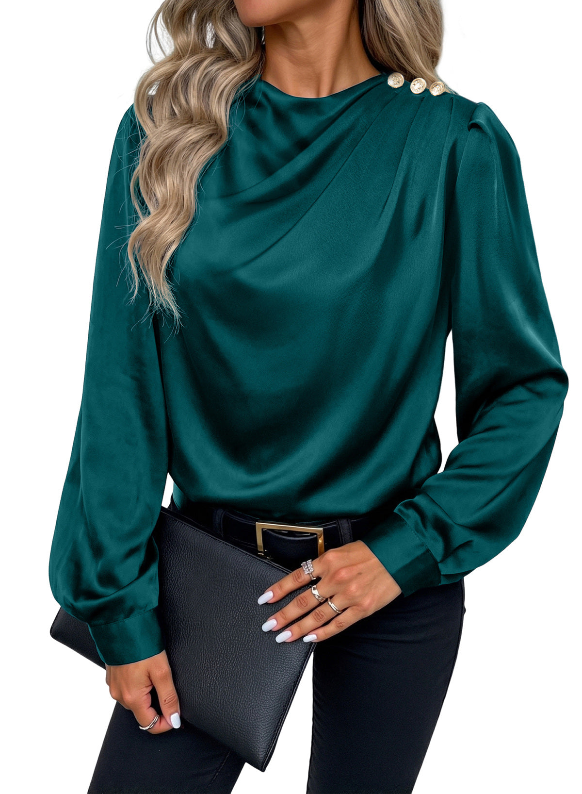 Dokotoo Womens Satin Blouses Dressy Casual Long Sleeve Mock Neck Tops Shirts