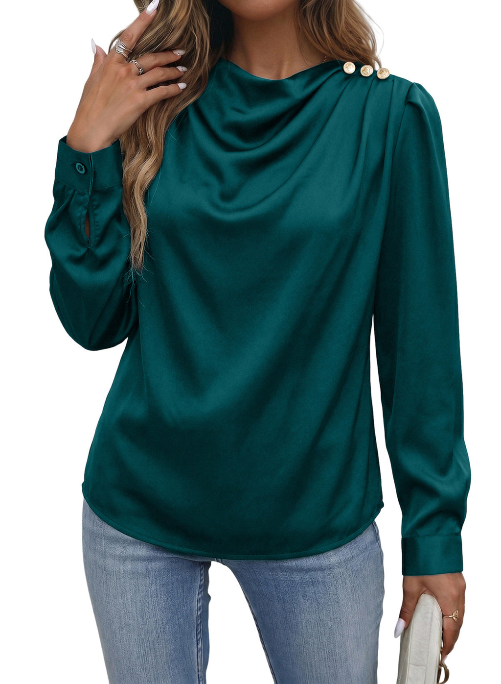 Dokotoo Womens Satin Blouses Dressy Casual Long Sleeve Mock Neck Tops Shirts