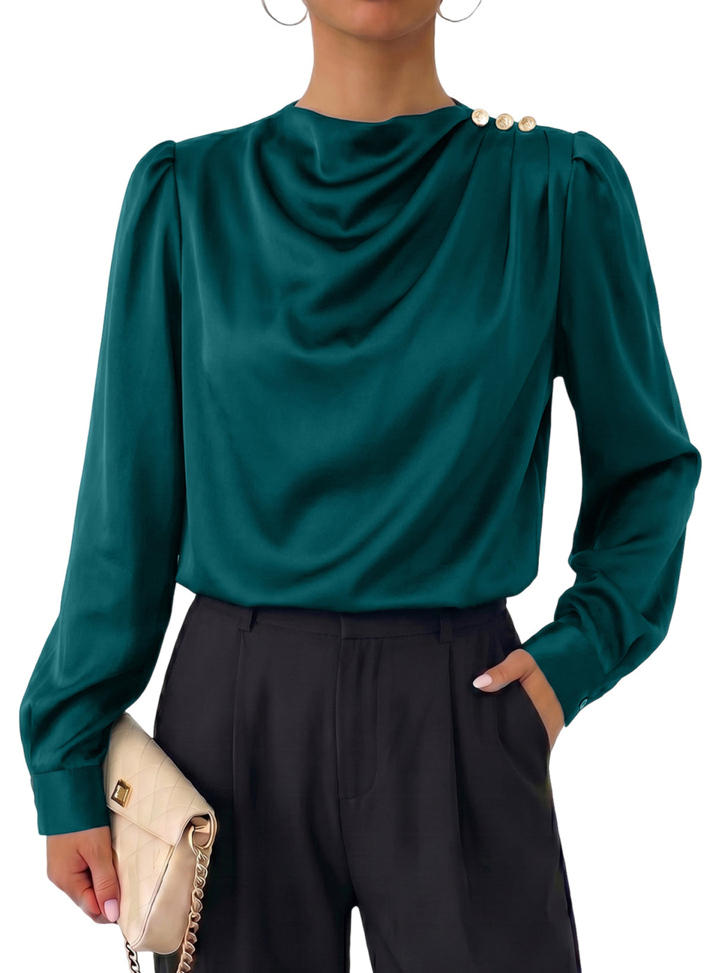 Dokotoo Womens Satin Blouses Dressy Casual Long Sleeve Mock Neck Tops Shirts