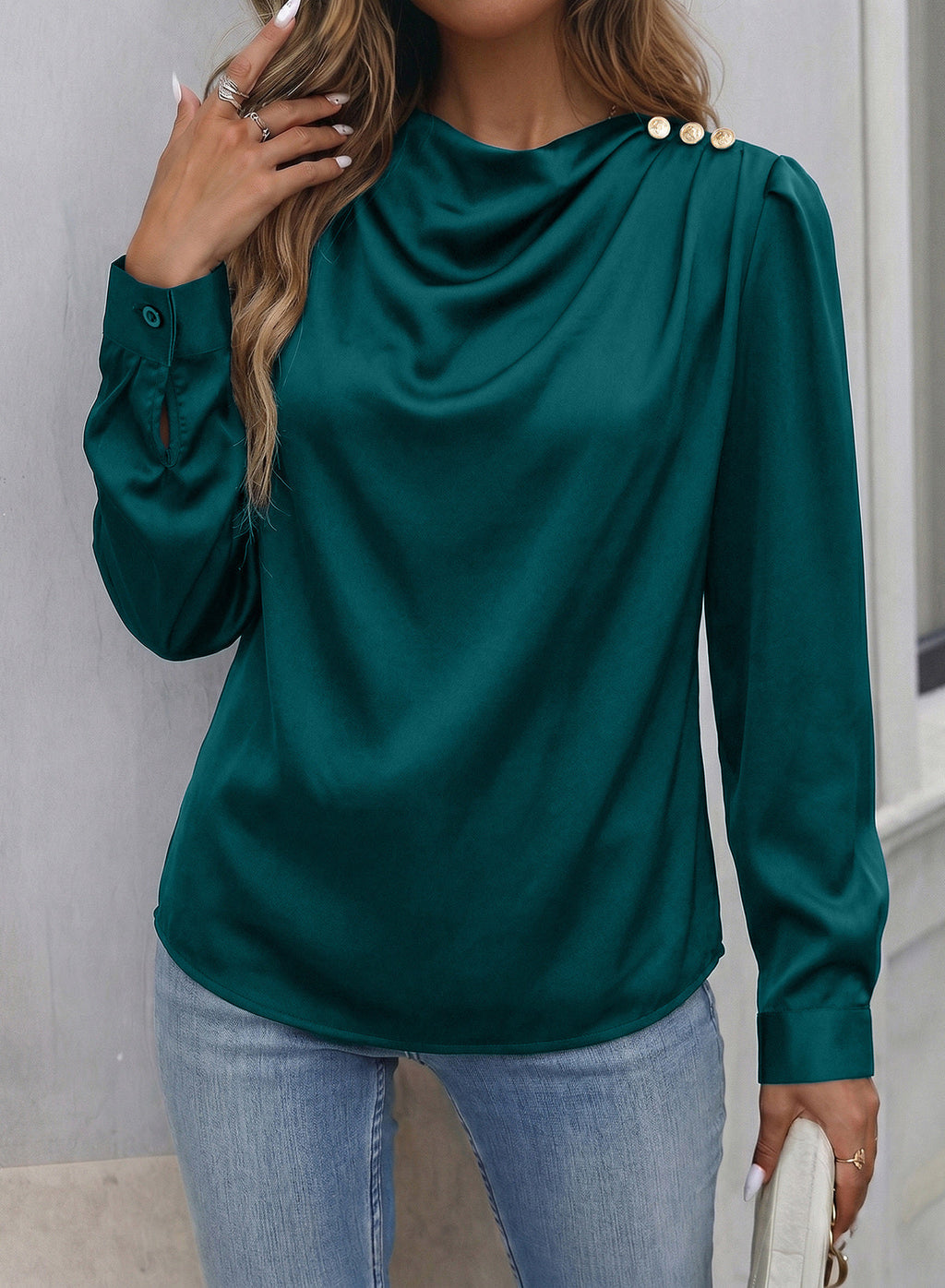 Dokotoo Womens Satin Blouses Dressy Casual Long Sleeve Mock Neck Tops Shirts