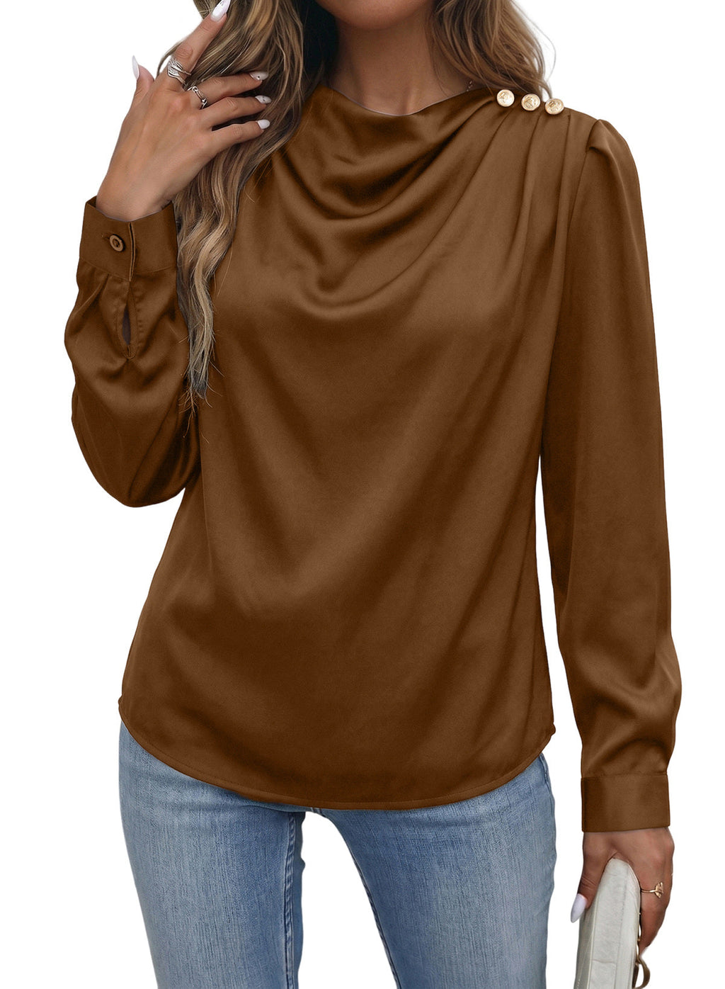 Dokotoo Womens Satin Blouses Dressy Casual Long Sleeve Mock Neck Tops Shirts