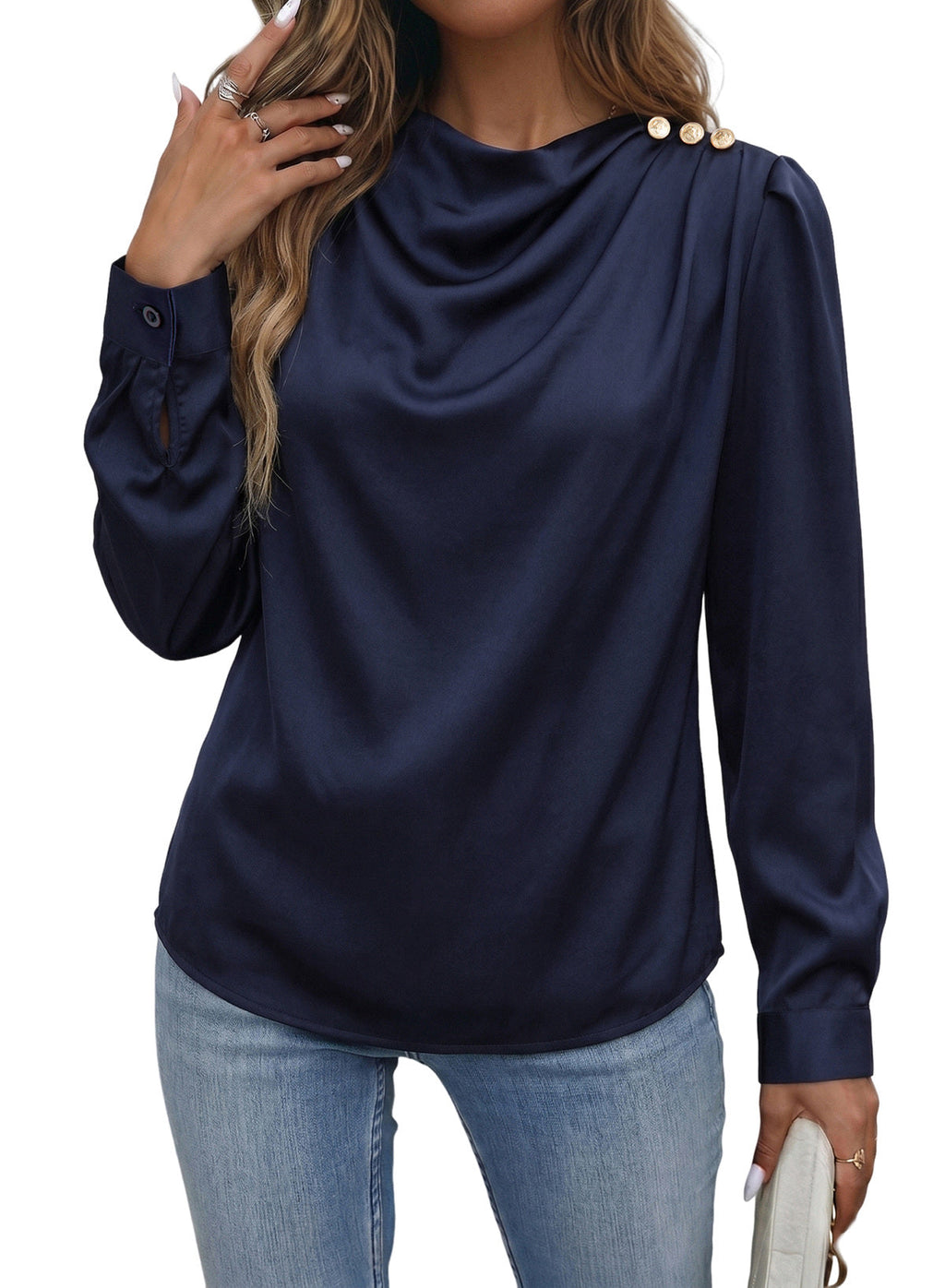 Dokotoo Womens Satin Blouses Dressy Casual Long Sleeve Mock Neck Tops Shirts