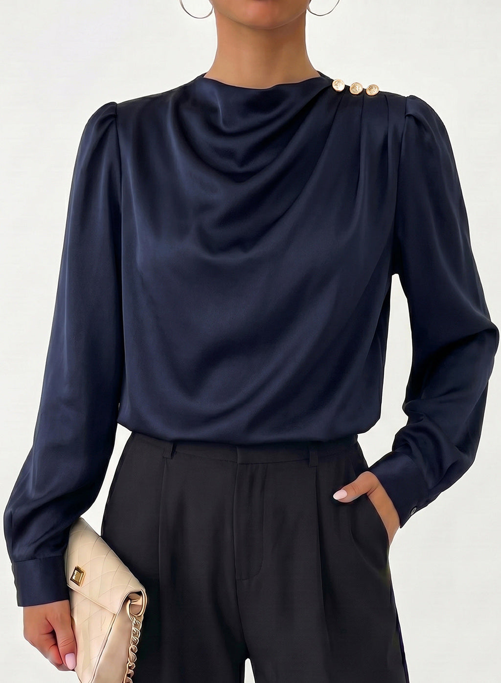 Dokotoo Womens Satin Blouses Dressy Casual Long Sleeve Mock Neck Tops Shirts