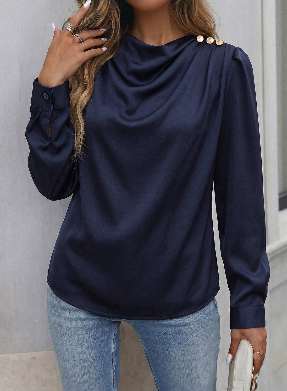 Dokotoo Womens Satin Blouses Dressy Casual Long Sleeve Mock Neck Tops Shirts