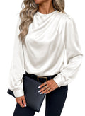 Dokotoo Womens Satin Blouses Dressy Casual Long Sleeve Mock Neck Tops Shirts