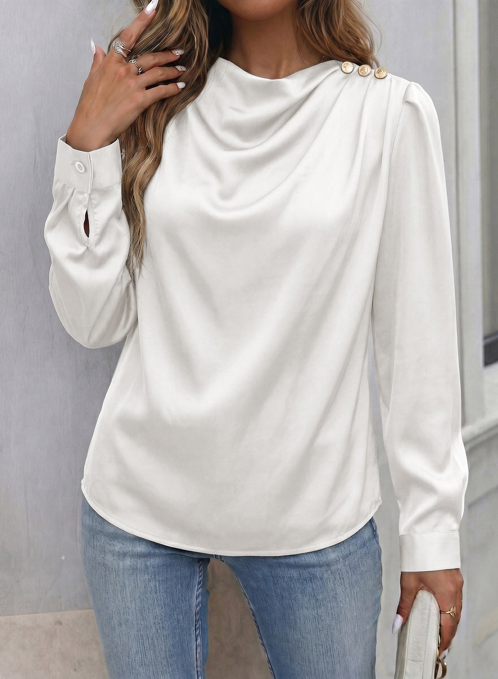 Dokotoo Womens Satin Blouses Dressy Casual Long Sleeve Mock Neck Tops Shirts