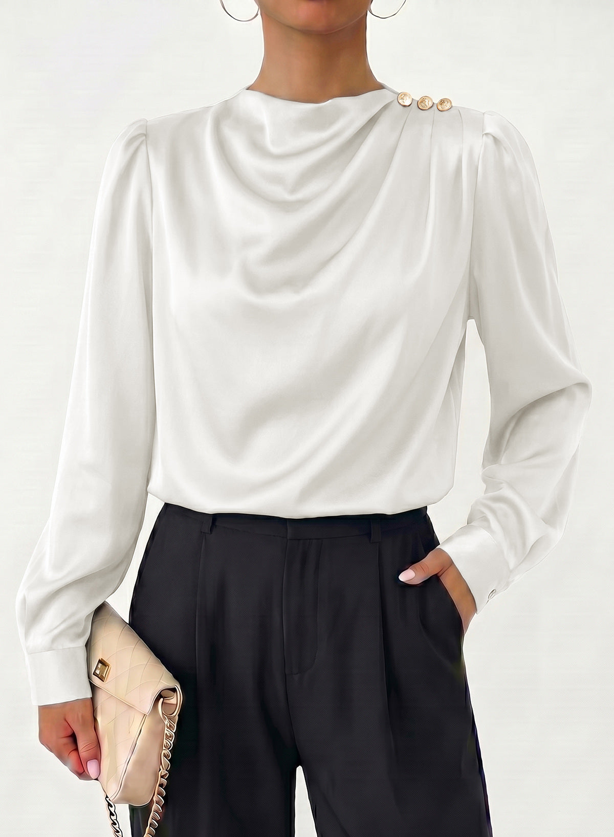 Dokotoo Womens Satin Blouses Dressy Casual Long Sleeve Mock Neck Tops Shirts