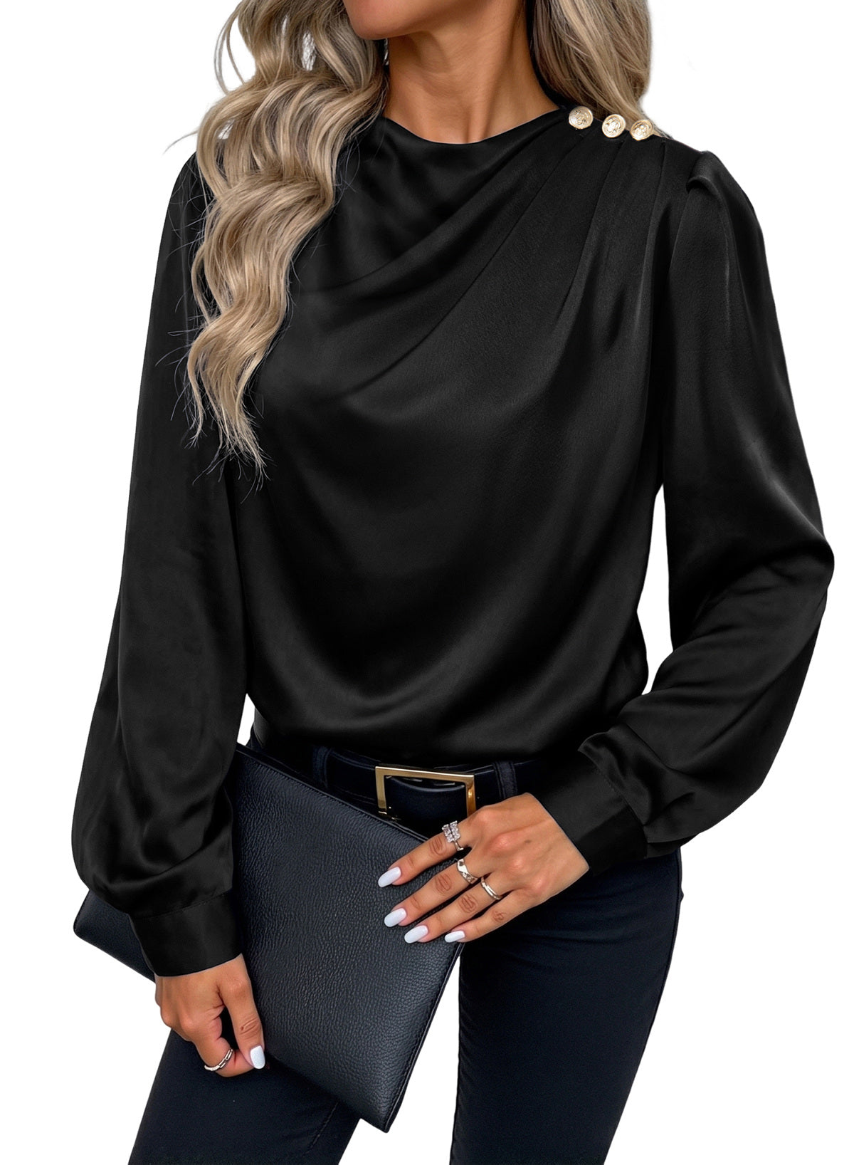 Dokotoo Womens Satin Blouses Dressy Casual Long Sleeve Mock Neck Tops Shirts