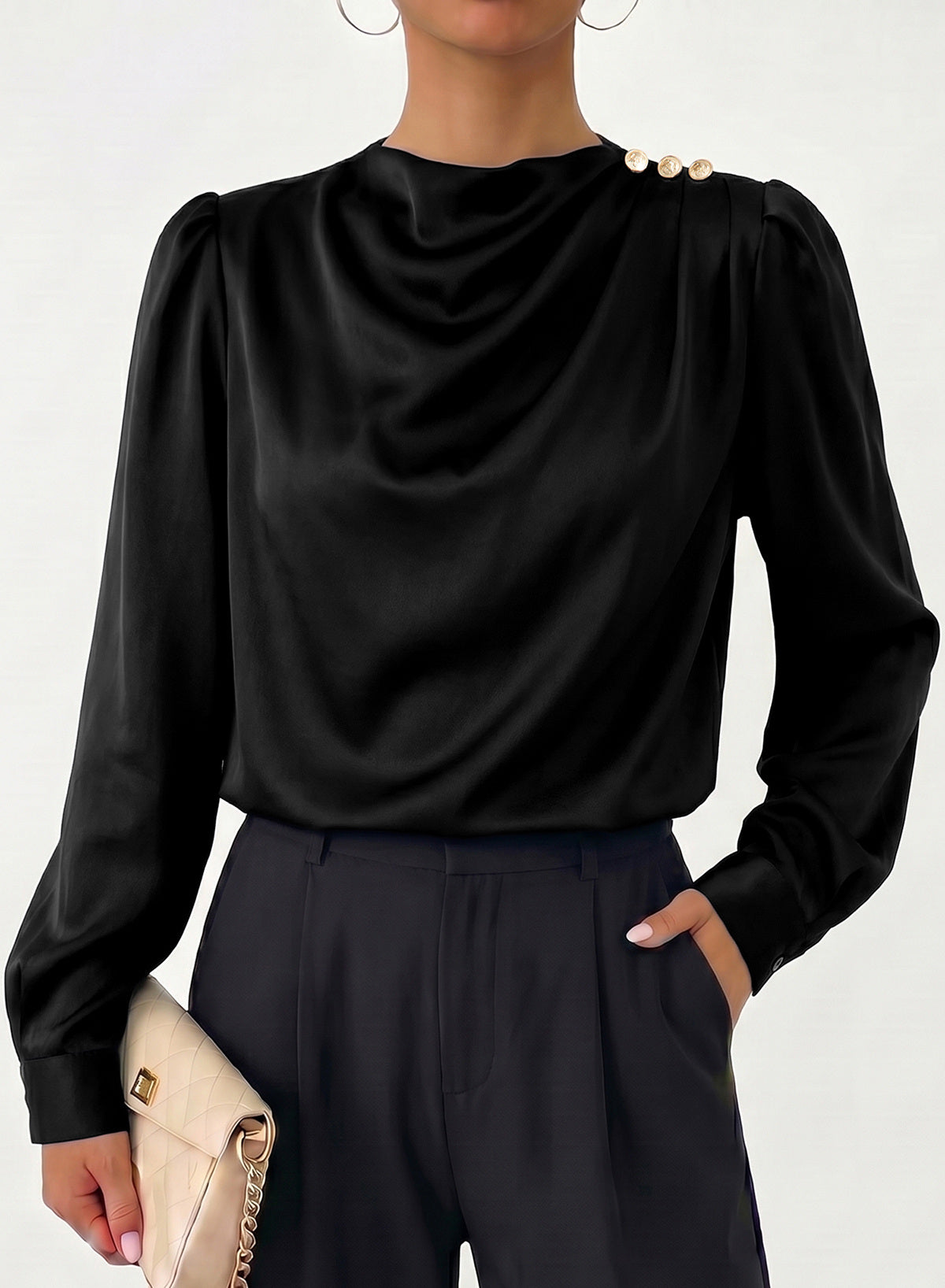 Dokotoo Womens Satin Blouses Dressy Casual Long Sleeve Mock Neck Tops Shirts