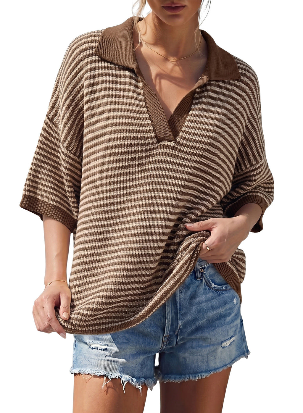 Collared Neck Contrast Striped Top and Shorts Sweater Set